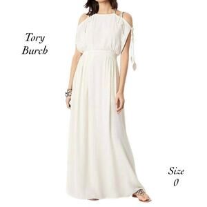 Tory Burch Evalene Ivory Leaf Cold Shoulder Crepe Maxi Dress NWT Size 0